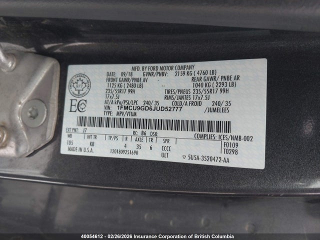 1FMCU9GD6JUD52777 Ford ESCAPE SE