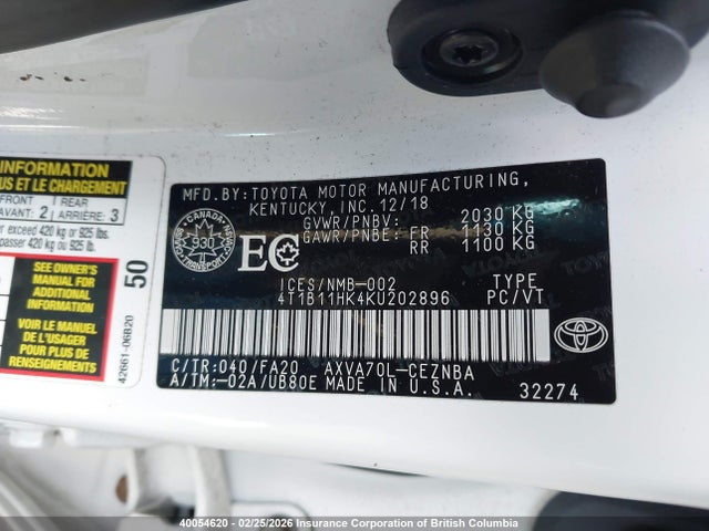 4T1B11HK4KU202896 Toyota Camry