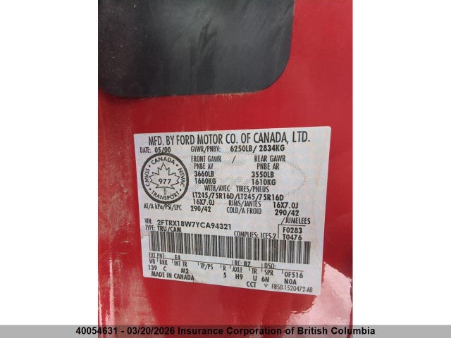 Aukcja sprzedaży 2000 Ford F150, vin: 2FTRX18W7YCA94321, numer aukcji: 40054631