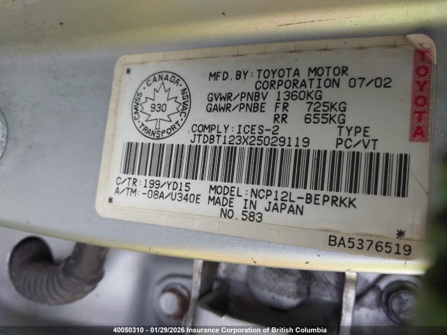 40050310 :رقم المزاد ، JTDBT123X25029119 vin ، 2002 Toyota Echo مزاد بيع