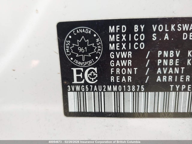 3VWG57AU2MM013875 Volkswagen Golf