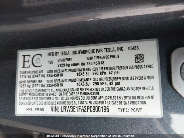 LRW3E1FA2PC900196 Tesla MODEL 3