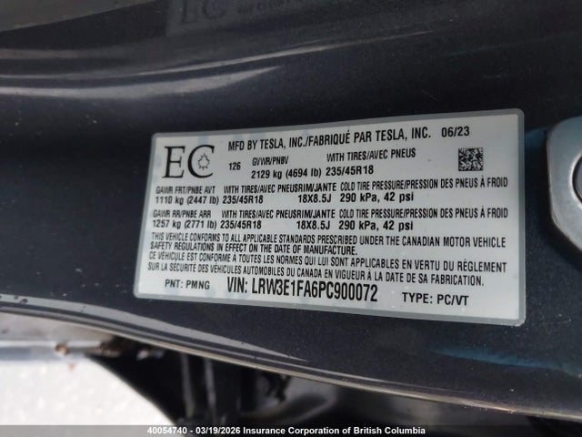 Aukcja sprzedaży 2023 Tesla Model 3 Rwd, vin: LRW3E1FA6PC900072, numer aukcji: 40054740