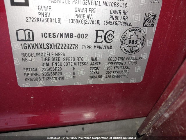 1GKKNXLSXHZ229278 GMC Acadia Denali