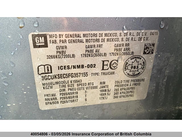 3GCUKSEC5FG357155 Chevrolet Silverado 1500 1lz/2lz