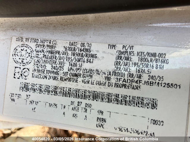 40054820 :رقم المزاد ، 3FADP4FJ6BM125501 vin ، 2011 Ford Fiesta Ses مزاد بيع