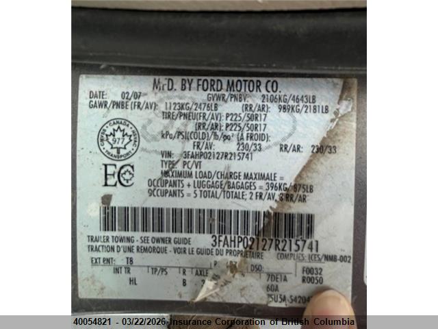 2007 Ford Fusion Sel მანქანა იყიდება აუქციონზე, vin: 3FAHP02127R215741, აუქციონის ნომერი: 40054821