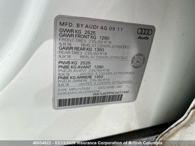Продажа на аукционе авто 2012 Audi Q5, vin: WA1LKCFP0CA037460, номер лота: 40054822