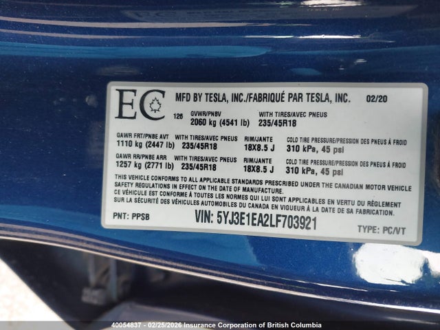 5YJ3E1EA2LF703921 Tesla MODEL 3