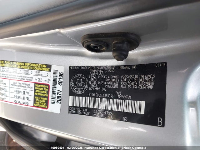 5TDYK3DCXES455946 Toyota Sienna Xle/limited