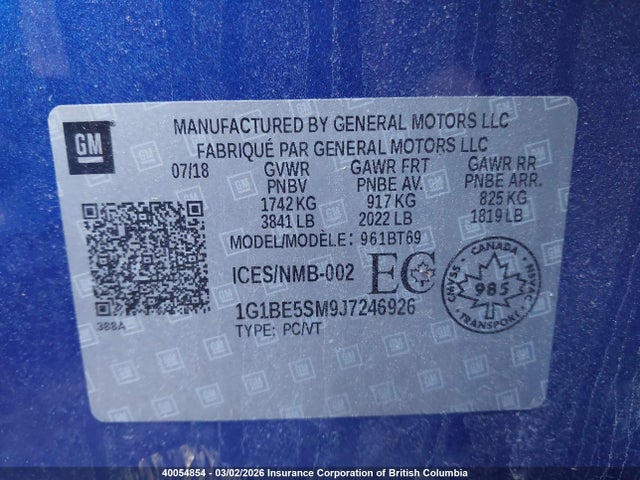 40054854 :رقم المزاد ، 1G1BE5SM9J7246926 vin ، 2018 Chevrolet Cruze مزاد بيع