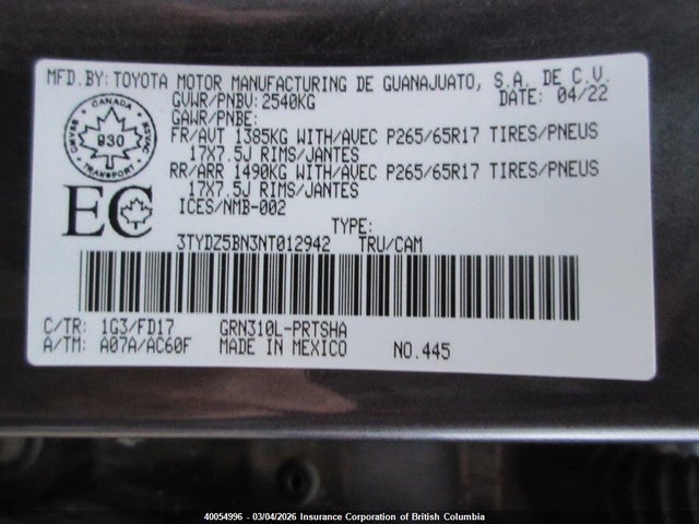 3TYDZ5BN3NT012942 Toyota Tacoma Double Cab/sr5/trd Sport/trd Off Road