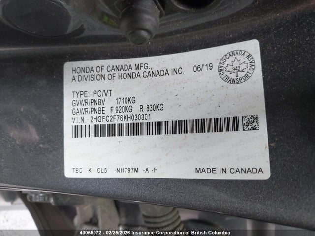 40055072 :رقم المزاد ، 2HGFC2F76KH030301 vin ، 2019 Honda Civic مزاد بيع
