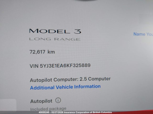 5YJ3E1EA6KF325889 Tesla MODEL 3