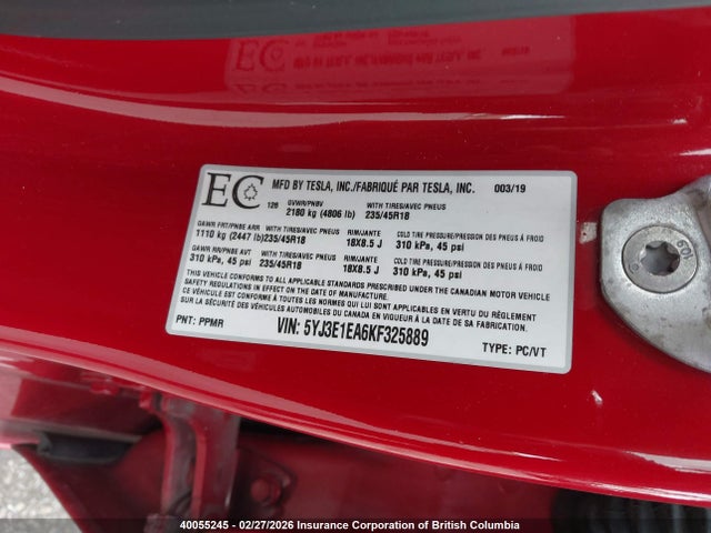 5YJ3E1EA6KF325889 Tesla MODEL 3