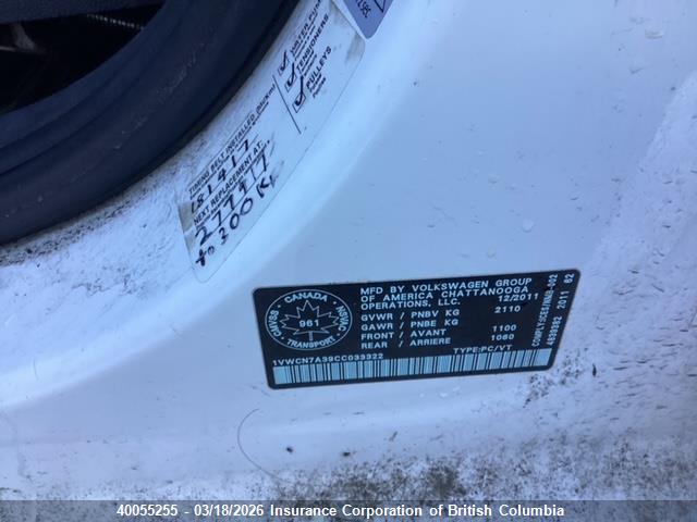 40055255 :رقم المزاد ، 1VWCN7A39CC033322 vin ، 2012 Volkswagen Passat Sel مزاد بيع