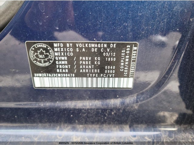 40055276 :رقم المزاد ، 3VW2K7AJ3CM390478 vin ، 2012 Volkswagen Jetta مزاد بيع