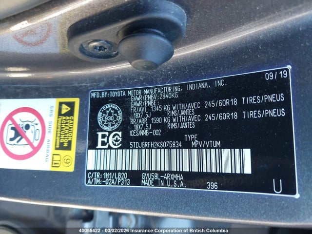 5TDJGRFH2KS075834 Toyota Highlander Hybrid/xle