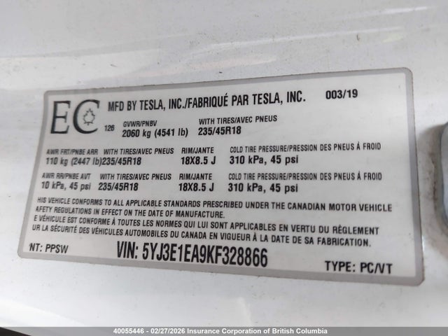 5YJ3E1EA9KF328866 Tesla MODEL 3