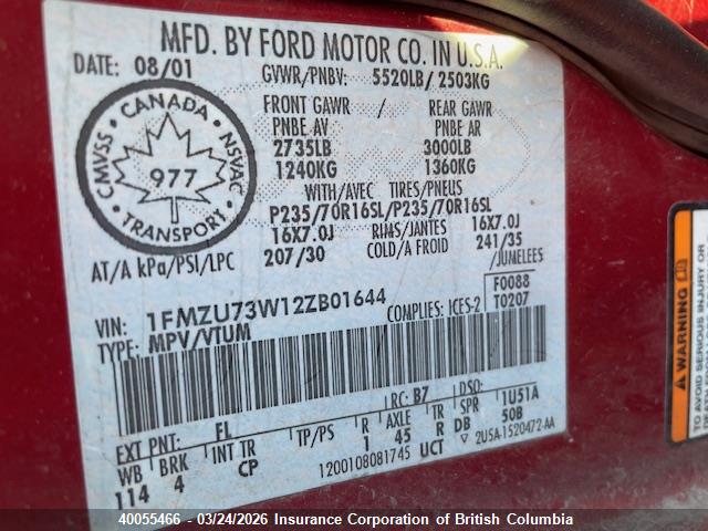 Aukcja sprzedaży 2002 Ford Explorer Xlt, vin: 1FMZU73W12ZB01644, numer aukcji: 40055466