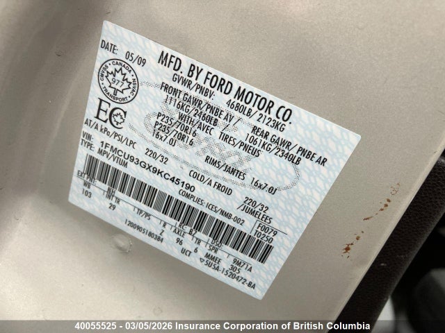 40055525 :رقم المزاد ، 1FMCU93GX9KC45190 vin ، 2009 Ford Escape Xlt Automatic مزاد بيع