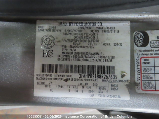 40055537 :رقم المزاد ، 3FAHP02188R267635 vin ، 2008 Ford Fusion Sel مزاد بيع