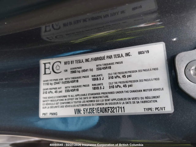 Tesla Model 3 Long Range/mid Range/standard Range/standard Range Plus 2019 5YJ3E1EA0KF321711 Image 9
