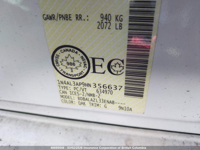 1N4AL3AP9HN356637 Nissan Altima 2.5/s/sv/sl/sr