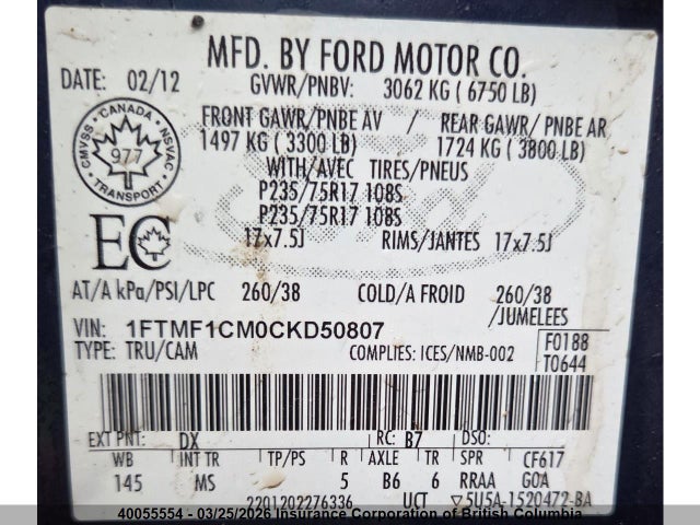 Aukcja sprzedaży 2012 Ford F150, vin: 1FTMF1CM0CKD50807, numer aukcji: 40055554