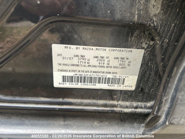 Aukcja sprzedaży 2007 Mazda 3 I, vin: JM1BK32F671701653, numer aukcji: 40055580