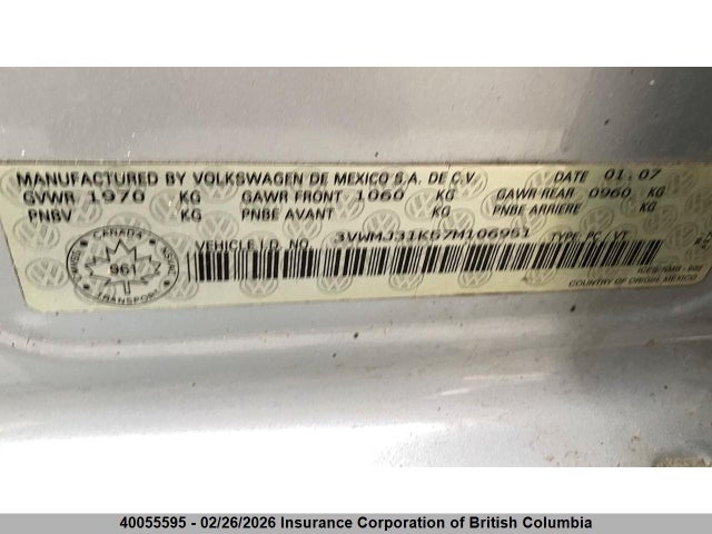 Aukcja sprzedaży 2007 Volkswagen Jetta, vin: 3VWMJ31K57M106951, numer aukcji: 40055595