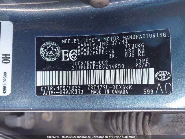 2T1BURHE3EC214950 Toyota Corolla S