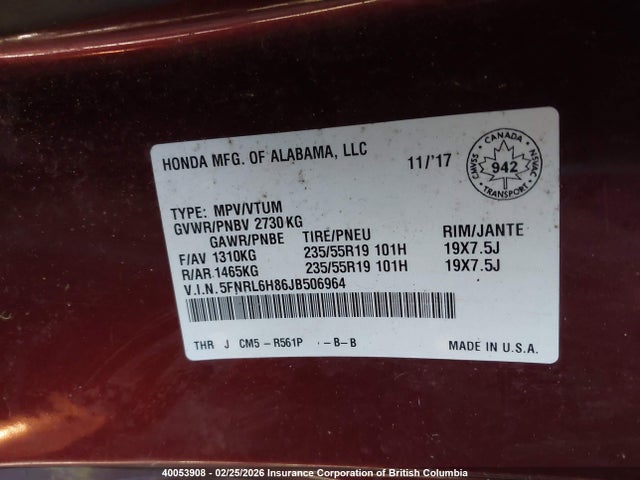 Honda Odyssey Touring 2018 5FNRL6H86JB506964 Image 9
