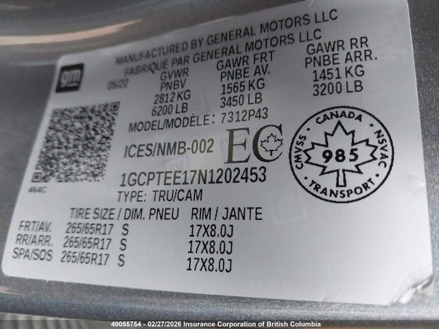 1GCPTEE17N1202453 Chevrolet Colorado Zr2