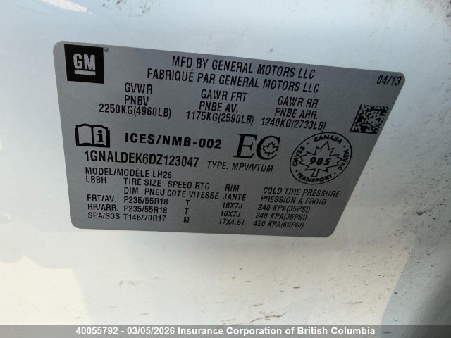 Продажа на аукционе авто 2013 Chevrolet Equinox Lt, vin: 1GNALDEK6DZ123047, номер лота: 40055792