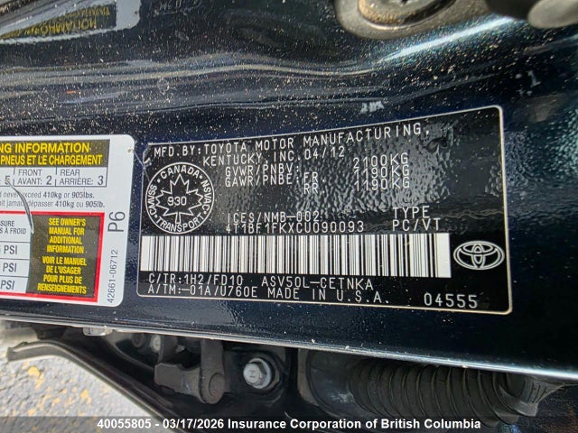 Aukcja sprzedaży 2012 Toyota Camry, vin: 4T1BF1FKXCU090093, numer aukcji: 40055805