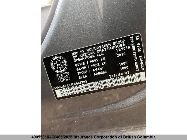1VWUA7A34LC005783 Volkswagen Passat Highline