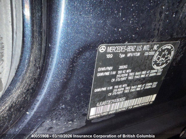40055908 :رقم المزاد ، 4JGAB72E2YA180650 vin ، 2000 Mercedes-benz Ml 430 مزاد بيع