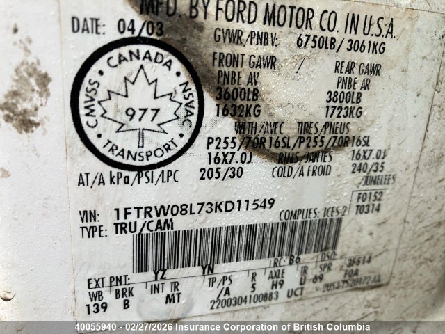 40055940 :رقم المزاد ، 1FTRW08L73KD11549 vin ، 2003 Ford F150 مزاد بيع