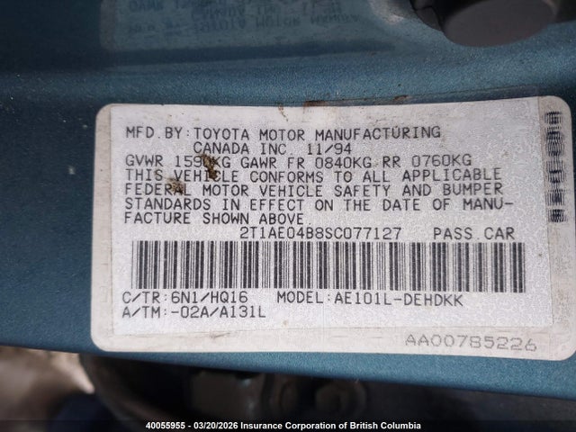 Aukcja sprzedaży 1995 Toyota Corolla, vin: 2T1AE04B8SC077127, numer aukcji: 40055955