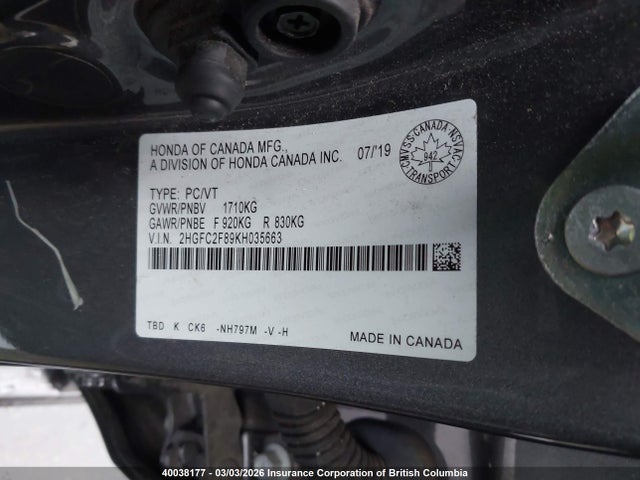 Honda Civic Sport 2019 2HGFC2F89KH035663 Image 9