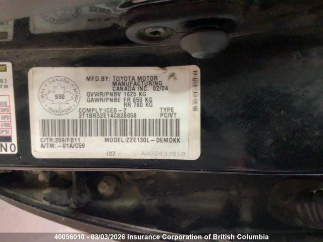 40056010 :رقم المزاد ، 2T1BR32E14C828658 vin ، 2004 Toyota Corolla Ce/le/sport مزاد بيع