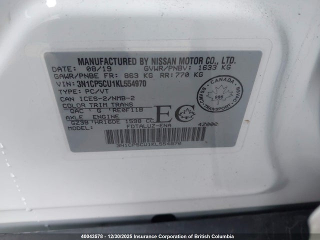 3N1CP5CU1KL554970 Nissan Kicks S/sr/sv