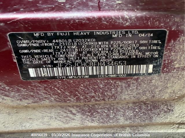 40056039 :رقم المزاد ، JF2SJCHC8FH434653 vin ، 2015 Subaru Forester 2.5i Limited مزاد بيع