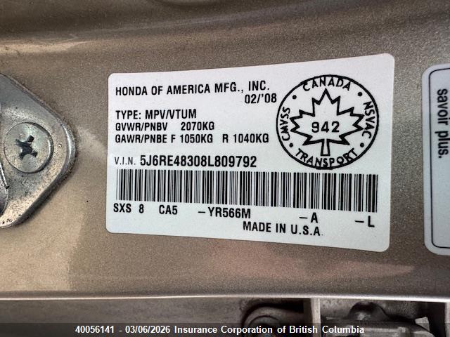 Aukcja sprzedaży 2008 Honda Cr-v, vin: 5J6RE48308L809792, numer aukcji: 40056141