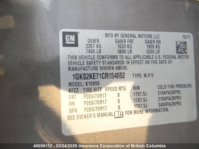 Aukcja sprzedaży 2012 Gmc Yukon, vin: 1GKS2KE71CR154662, numer aukcji: 40056152