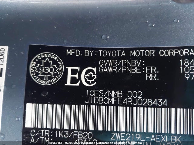 JTDBCMFE4RJ028434 Toyota Corolla Hybrid Le