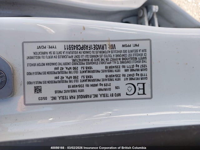 LRW3E1FA9PC845911 Tesla MODEL 3