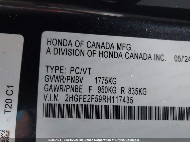 2HGFE2F59RH117435 Honda Civic