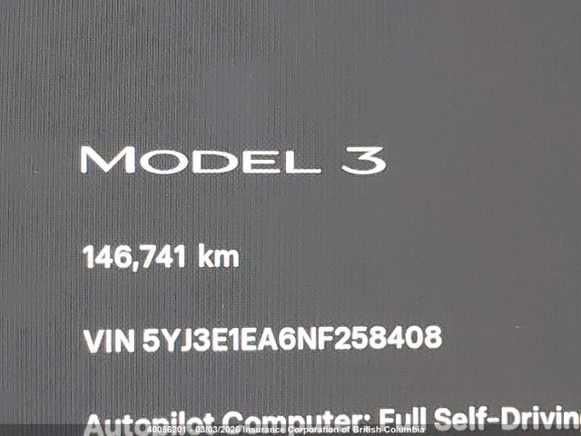 5YJ3E1EA6NF258408 Tesla MODEL 3